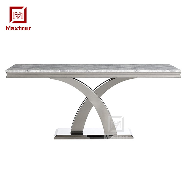 High quality luxury strong stainless steel base and marble top rectangle dining table set