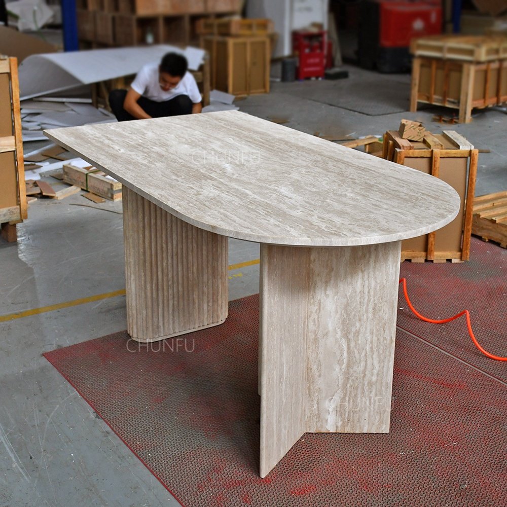 Nordic style dinning table set dining room furniture beige stone luxury travertine cupola carved dining table