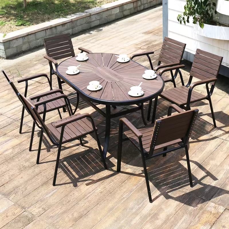 Wholesale patio furniture extendable teak dining table outdoor dining set with stackable outdoor chairs