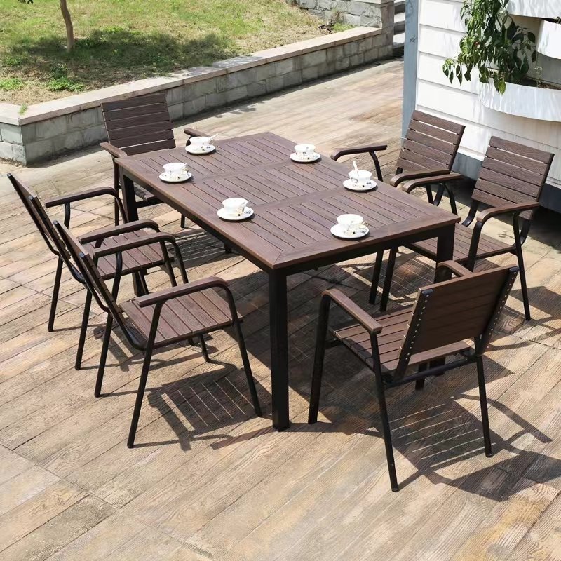 Wholesale patio furniture extendable teak dining table outdoor dining set with stackable outdoor chairs