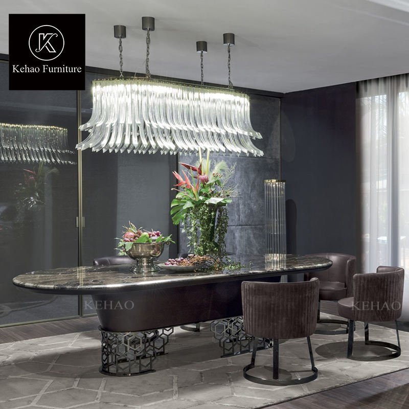 Home Dining Room Luxury Italian Laser-cut Silver Metal Dining Tables 6 8 Seater Oval Brown Marble Dining Table Sets