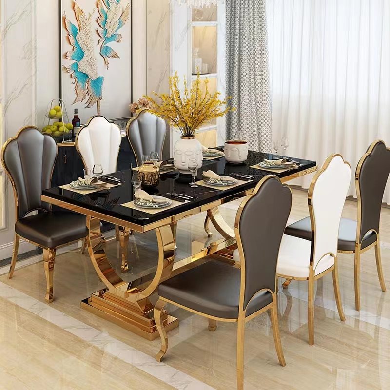 Luxury Rectangle Marble Dining table with Chairs Silver color stainless steel Living room Furniture Dining Table Set