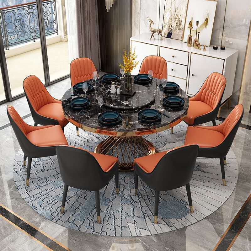 Modern Revolving Black marble Dining Room Round Table with gold metal base for house