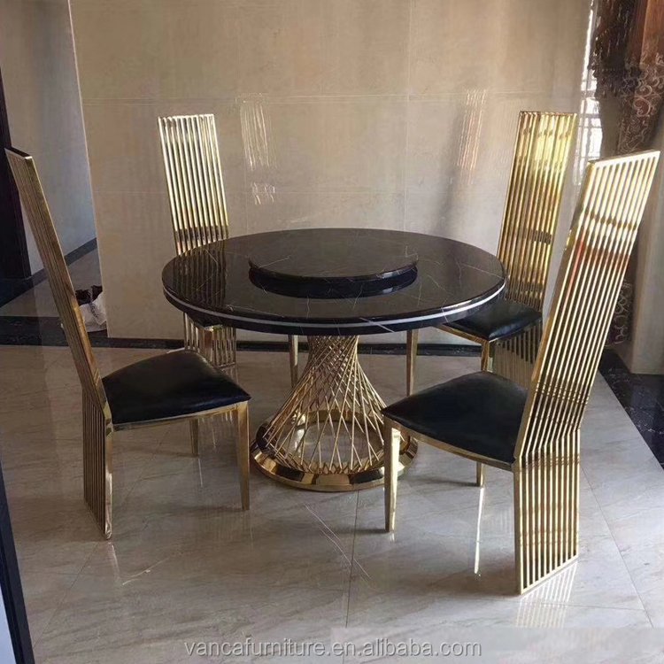 Modern Revolving Black marble Dining Room Round Table with gold metal base for house
