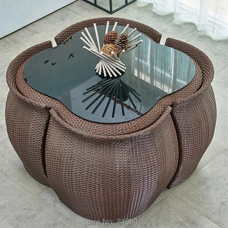 Pe rattan and metal frame popular dining chair outdoor dining table set