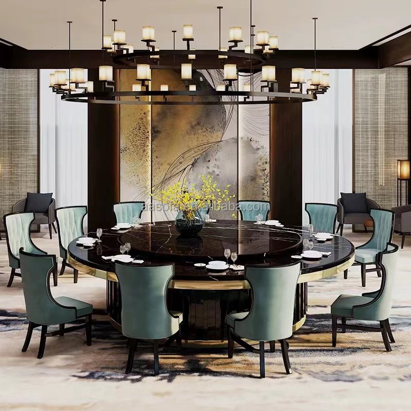 Chinese modern style round table stone top metal and wood base dining table with fire pit for big family