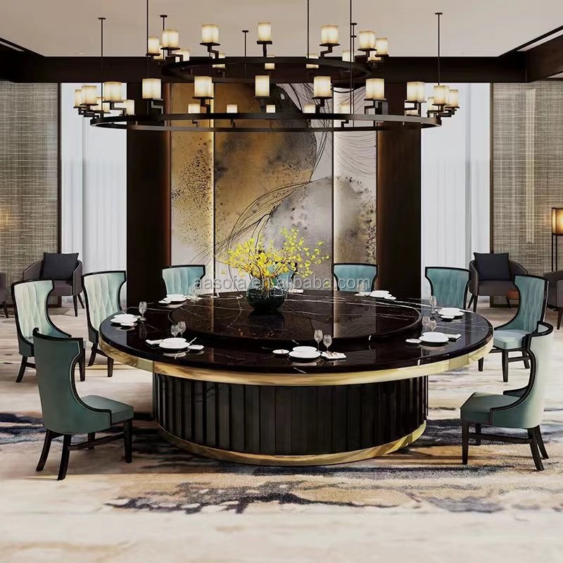 Chinese modern style round table stone top metal and wood base dining table with fire pit for big family