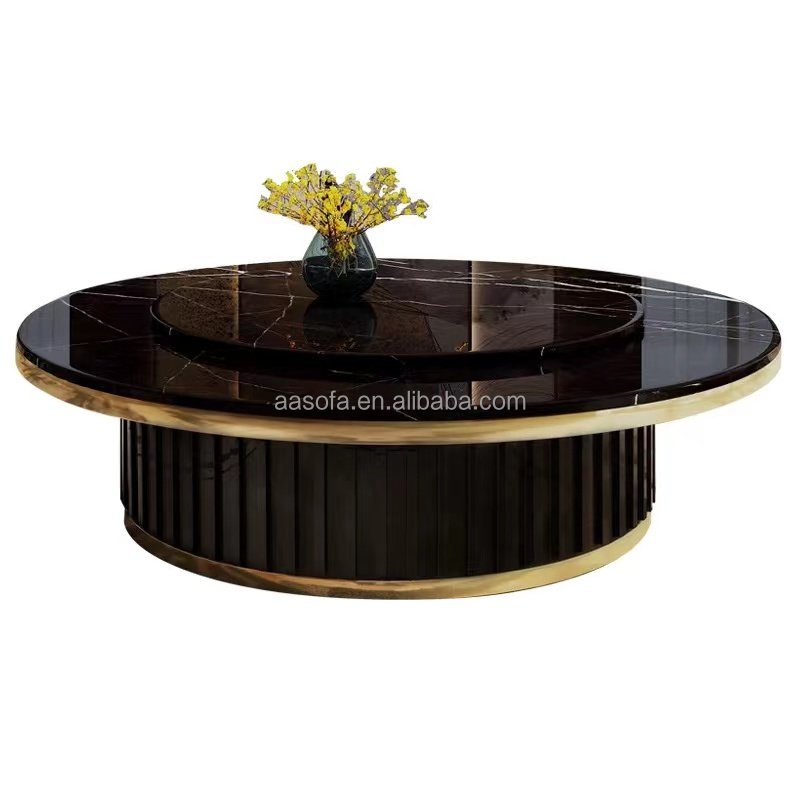 Chinese modern style round table stone top metal and wood base dining table with fire pit for big family