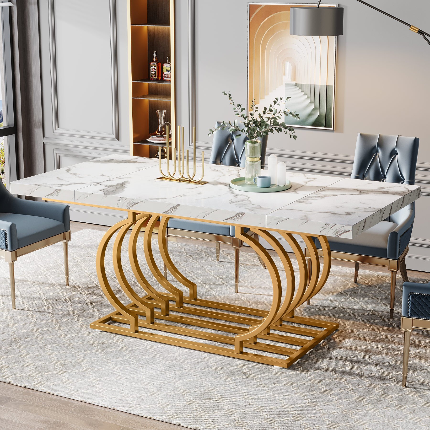 Tribesigns 63 inch Faux Marble Wooden Rectangle Kitchen Table for 6 People with Geometric Frame Modern Dining Table Luxury