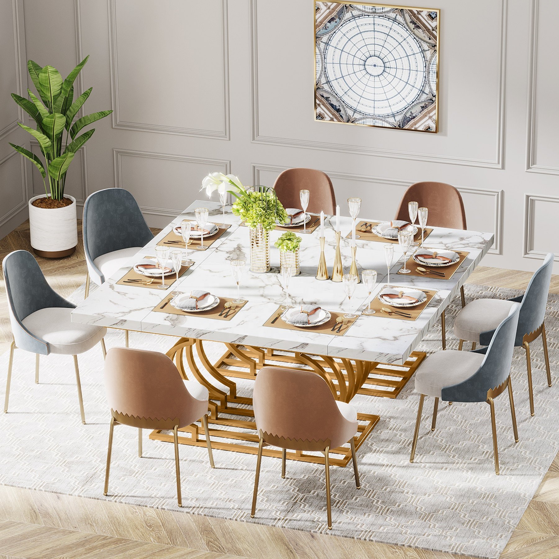 Tribesigns 63 inch Faux Marble Wooden Rectangle Kitchen Table for 6 People with Geometric Frame Modern Dining Table Luxury