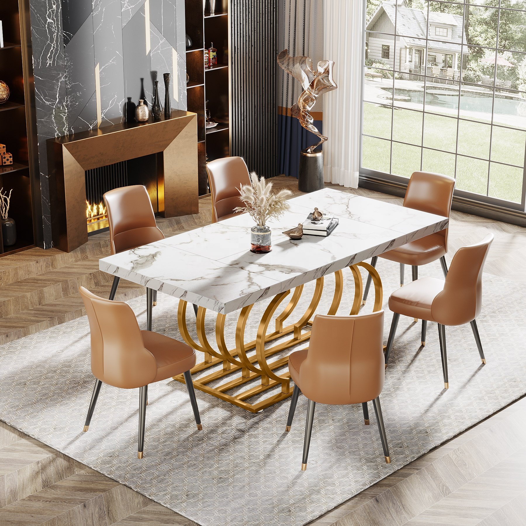 Tribesigns 63 inch Faux Marble Wooden Rectangle Kitchen Table for 6 People with Geometric Frame Modern Dining Table Luxury