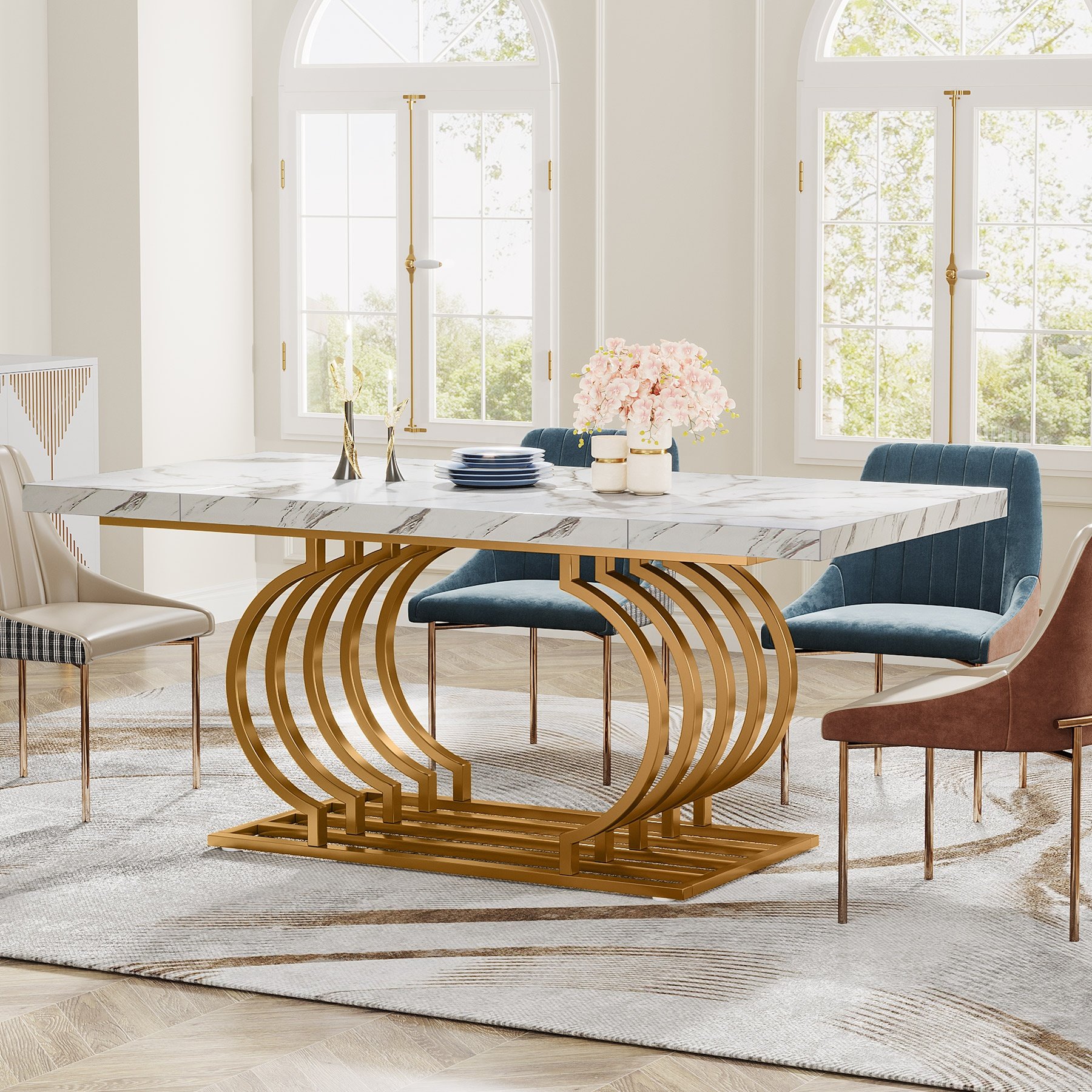 Tribesigns 63 inch Faux Marble Wooden Rectangle Kitchen Table for 6 People with Geometric Frame Modern Dining Table Luxury