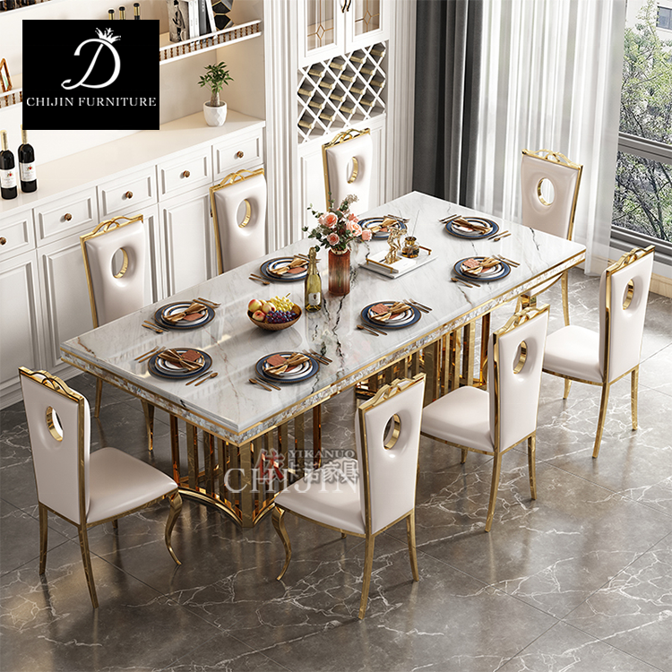 Deluxe 8 people dining table set stainless steel restaurant kitchen tables and chairs furniture