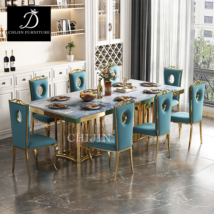 Deluxe 8 people dining table set stainless steel restaurant kitchen tables and chairs furniture