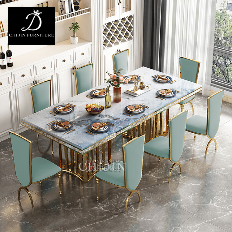 Deluxe 8 people dining table set stainless steel restaurant kitchen tables and chairs furniture