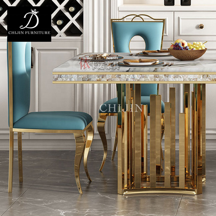 Deluxe 8 people dining table set stainless steel restaurant kitchen tables and chairs furniture