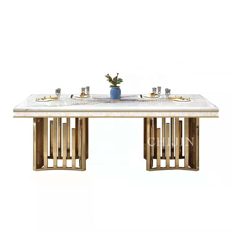 Deluxe 8 people dining table set stainless steel restaurant kitchen tables and chairs furniture