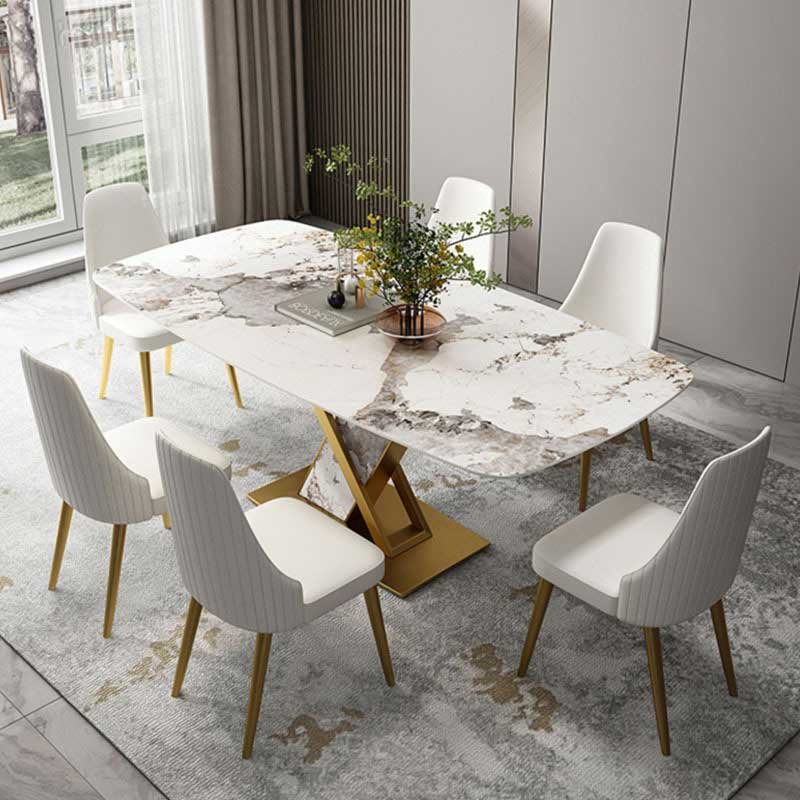 Modern Luxury Marble Slate Top Dining Room Table And 4 Chairs Set Villa Home Furniture Metal Dining Table 6 Seater