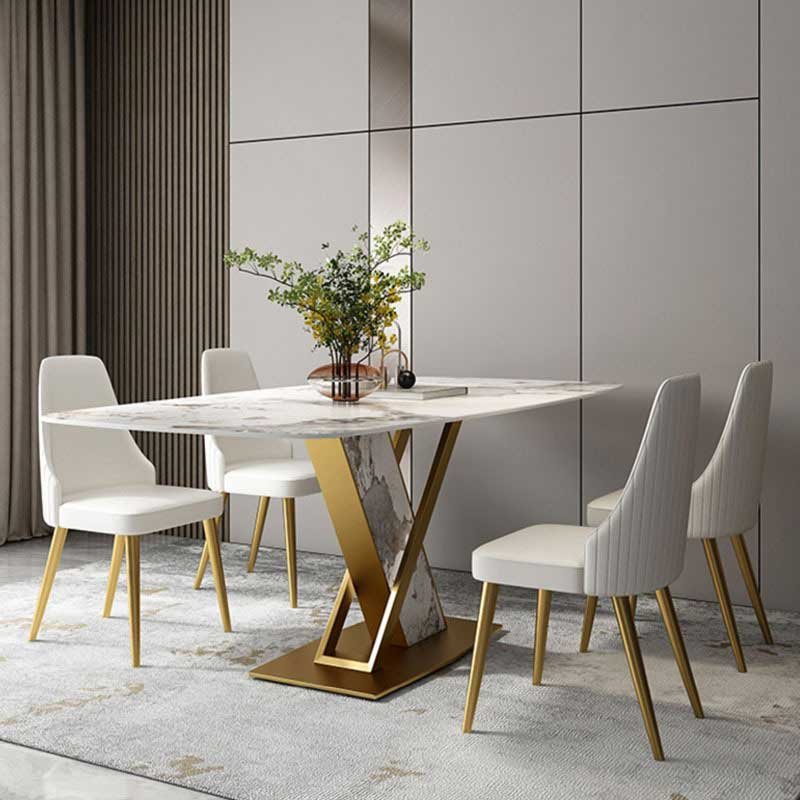 Modern Luxury Marble Slate Top Dining Room Table And 4 Chairs Set Villa Home Furniture Metal Dining Table 6 Seater