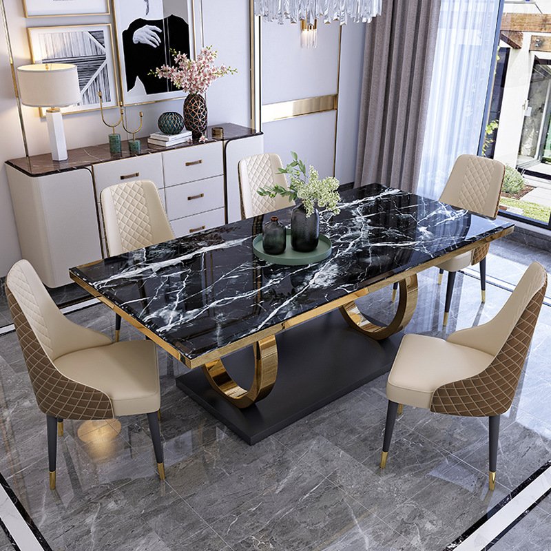 Postmodern Minimalist Marble Dining Table with Light Luxury Chair Combination Small Rectangular Stainless Steel Restaurant Set