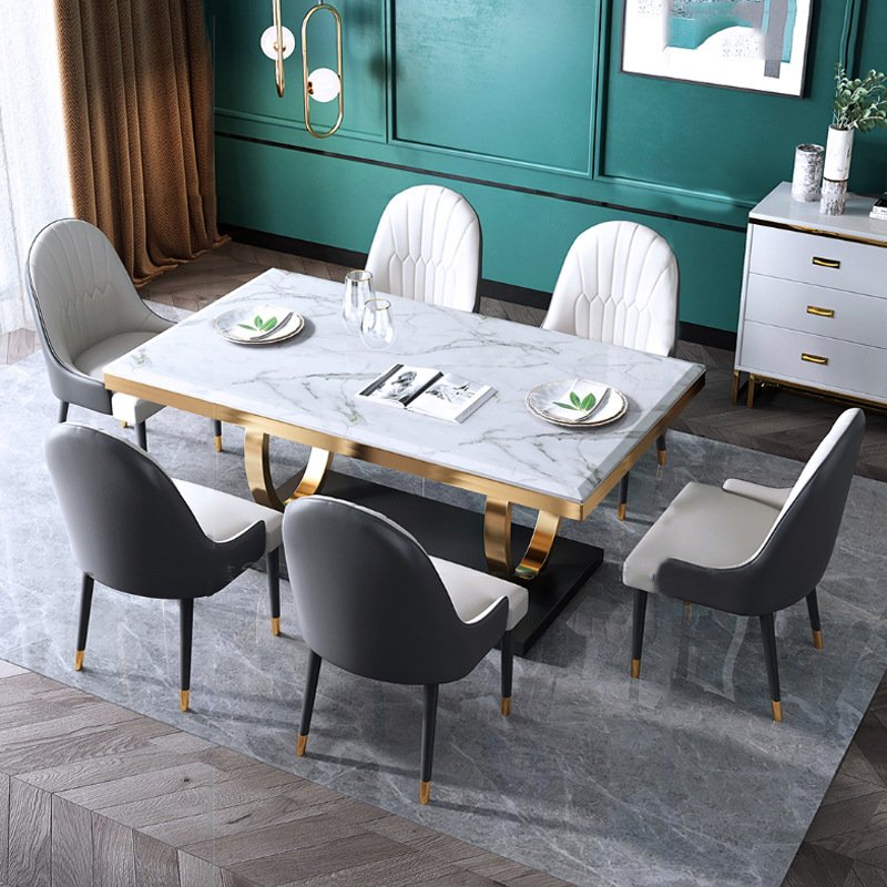 Postmodern Minimalist Marble Dining Table with Light Luxury Chair Combination Small Rectangular Stainless Steel Restaurant Set