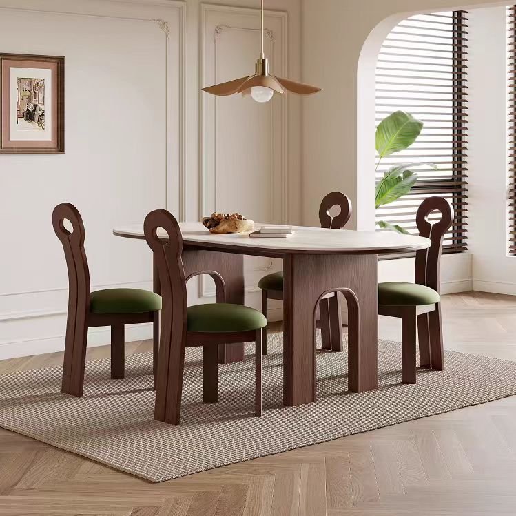 Modern Cream Dining Table Marble Stone Oval Wooden Legs Kitchen Dining Room Home Furniture Dining Table Set