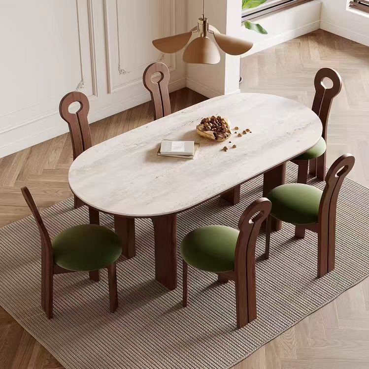 Modern Cream Dining Table Marble Stone Oval Wooden Legs Kitchen Dining Room Home Furniture Dining Table Set