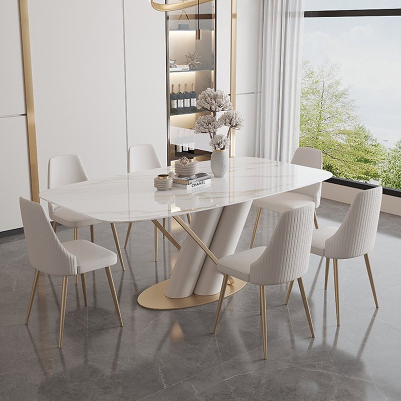 Italian Modern White 6 Seater Dinning Room Table 4 Chairs Set Home Furniture Marble Slate Top Metal Luxury Dining Table Set