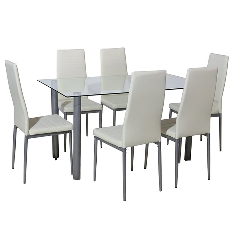 Wholesale tempered glass table top dinning table and chairs set modern furniture stainless steel glass white dining table