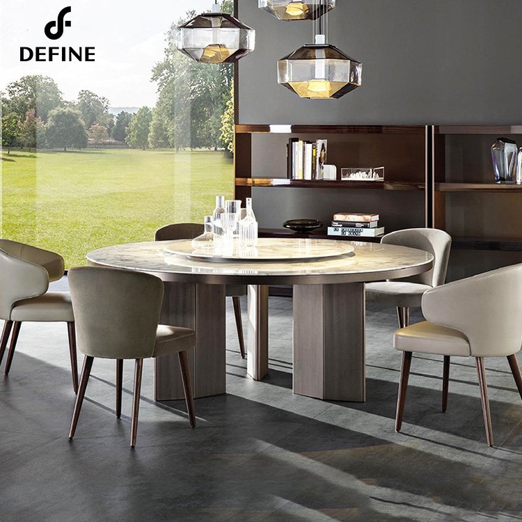 Modern Dining Table with White Round Sintered Stone Tabletop, Stainless Steel Pedestals
