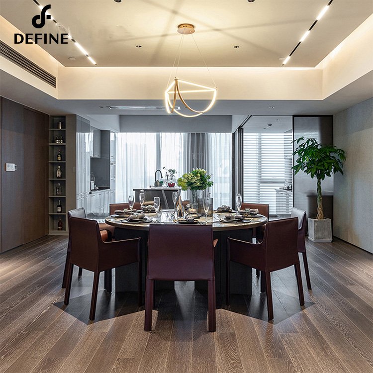 Modern Dining Table with White Round Sintered Stone Tabletop, Stainless Steel Pedestals