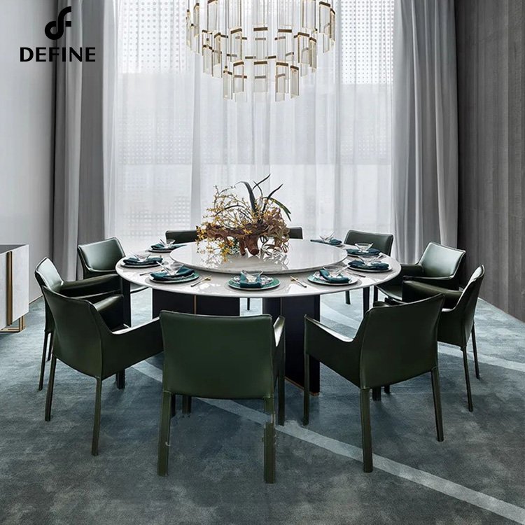 Modern Dining Table with White Round Sintered Stone Tabletop, Stainless Steel Pedestals
