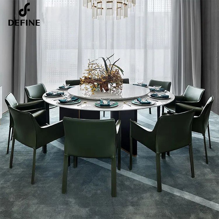 Modern Dining Table with White Round Sintered Stone Tabletop, Stainless Steel Pedestals
