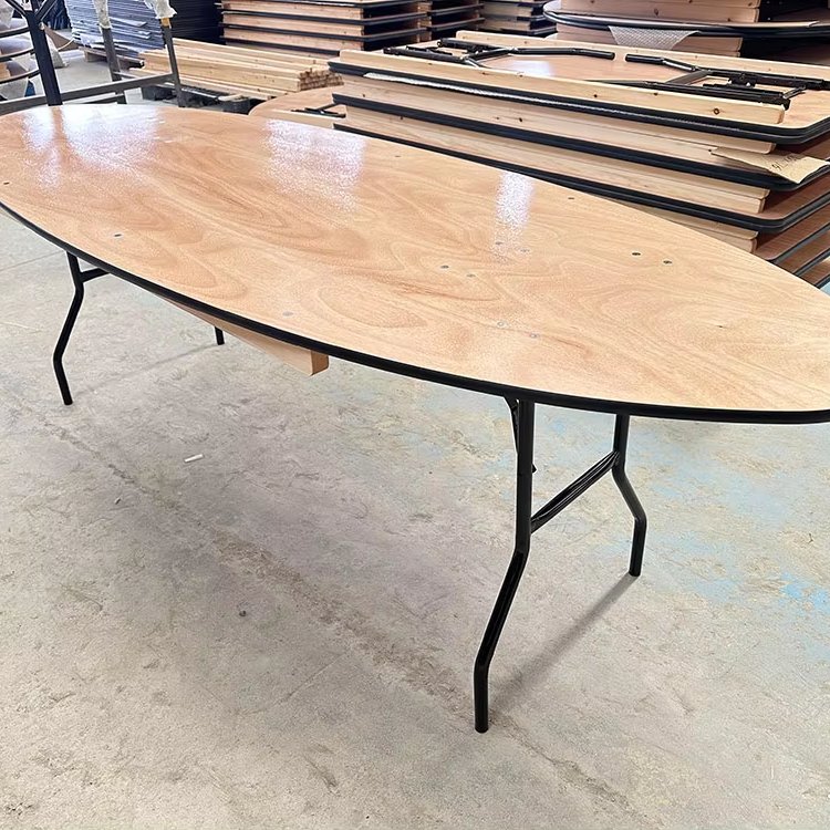 Oval Shape Waterproof Commercial Outdoor Furniture Retro Metal Plastic Wood Dining Folding Hotel Wedding Banquet Event Table