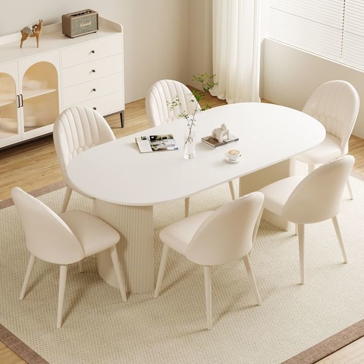Light luxury cream style oval modern simple pure white tabletop table and chair combination recycled pine