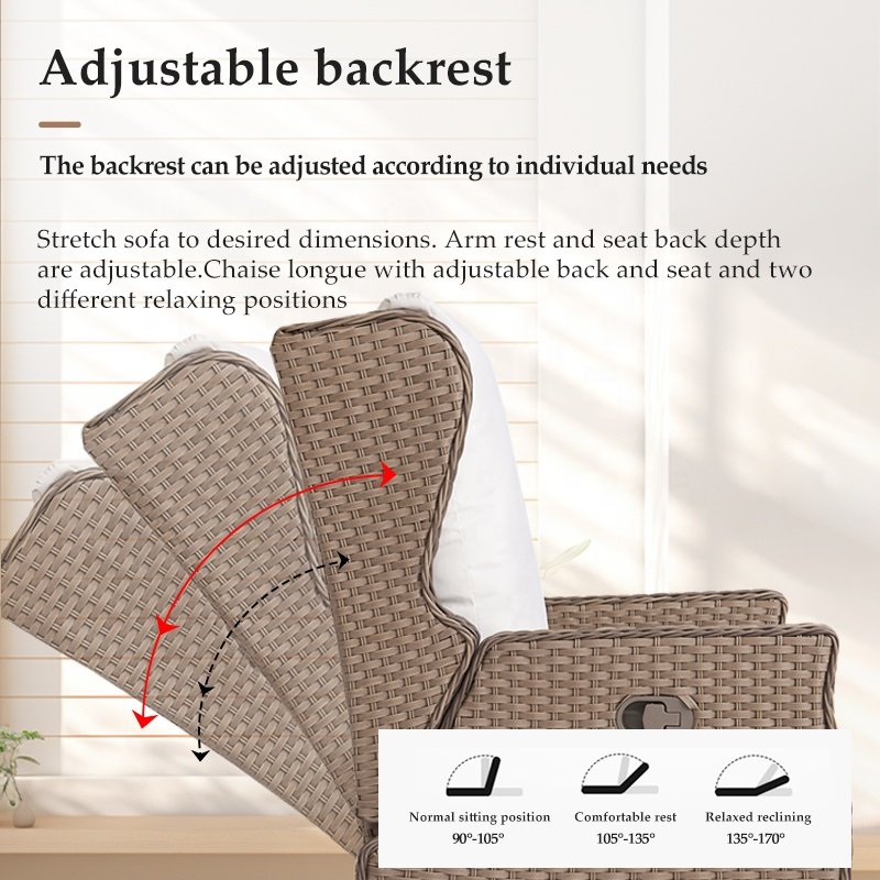 Brown Modern Wicker Table 4 Seater Adjustable Back Chairs Furniture Outdoor Rattan Aluminum 5 Piece Round Dining Sets