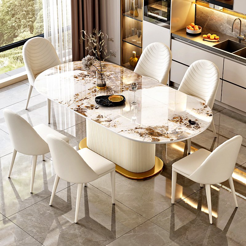 Nordic Design Cream Wind Rock Plate Dining Table Set with Steel Materials for Home Office Restaurant Bar Cream Marble Top
