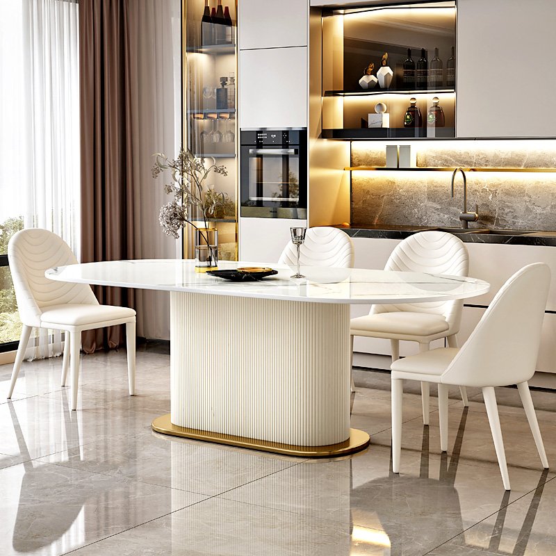 Nordic Design Cream Wind Rock Plate Dining Table Set with Steel Materials for Home Office Restaurant Bar Cream Marble Top