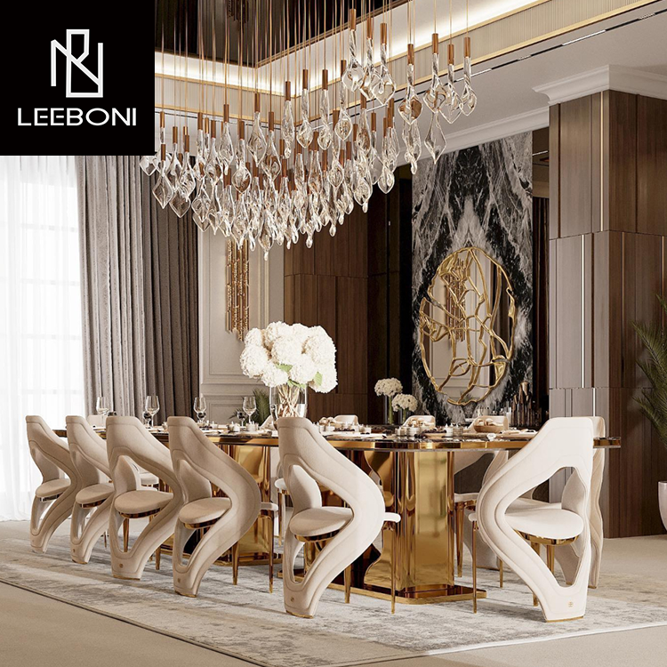 Luxury New Design High Quality Home Furniture Artificial Stainless Steel Legs Marble Top Dining Table Set