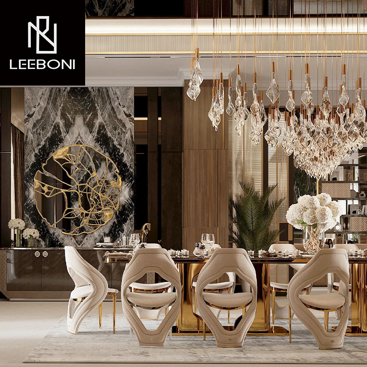 Luxury New Design High Quality Home Furniture Artificial Stainless Steel Legs Marble Top Dining Table Set
