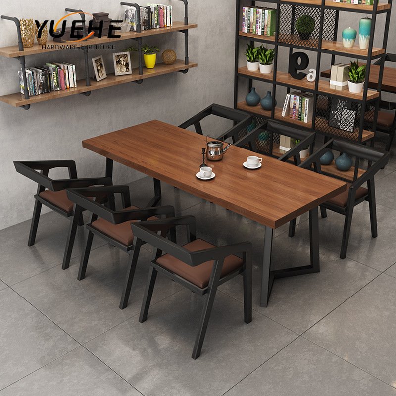 Industrial fast food coffee shop oak wood sets de restaurants 4 seat dining table set cafe table and chair sets for restaurant