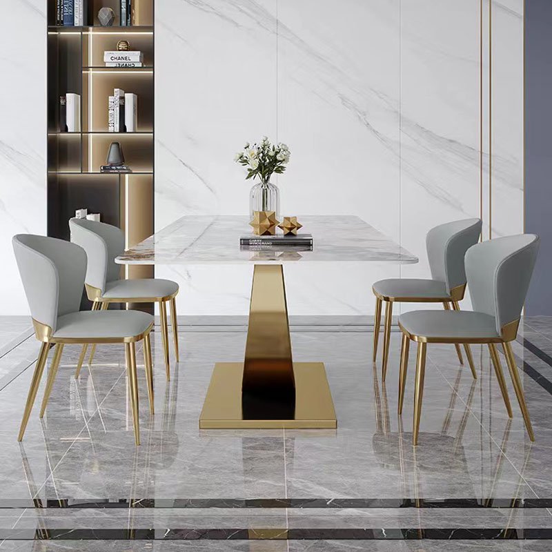 Modern dining room table marble and stainless steel 6 chairs Luxury U-Shape Base dining table set furniture