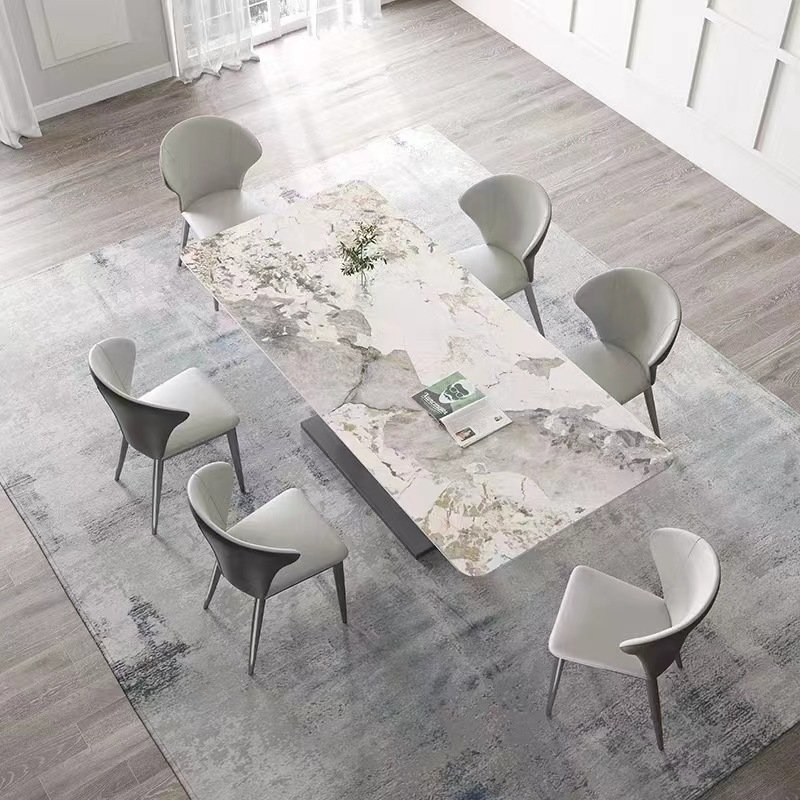Modern dining room table marble and stainless steel 6 chairs Luxury U-Shape Base dining table set furniture