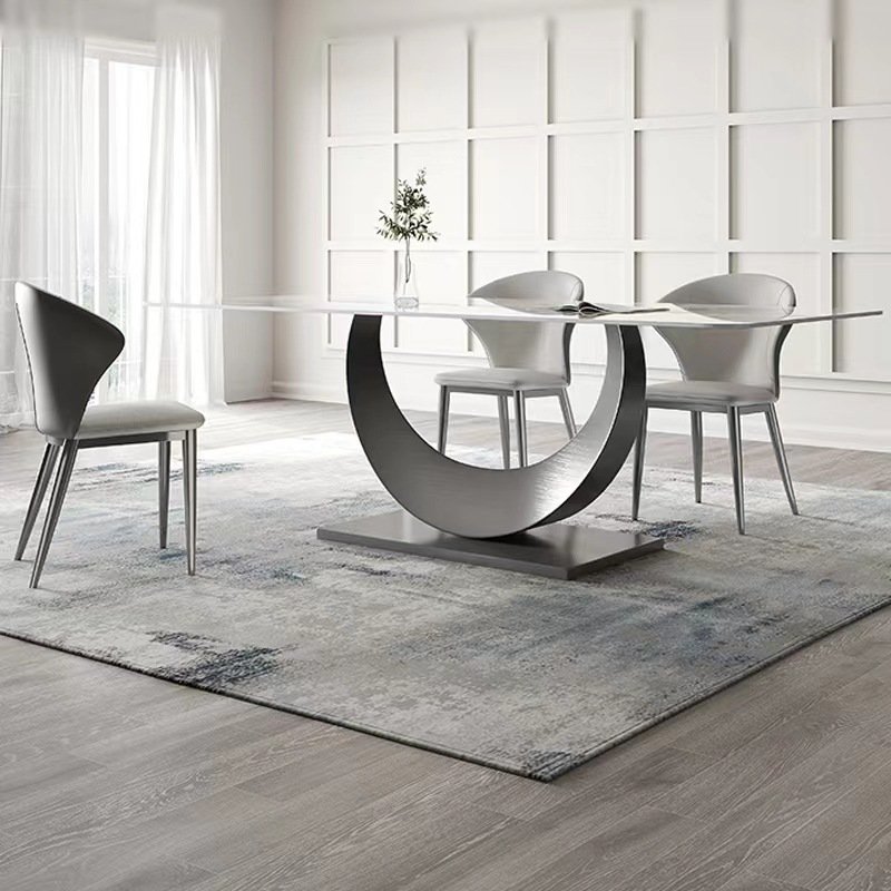Modern dining room table marble and stainless steel 6 chairs Luxury U-Shape Base dining table set furniture