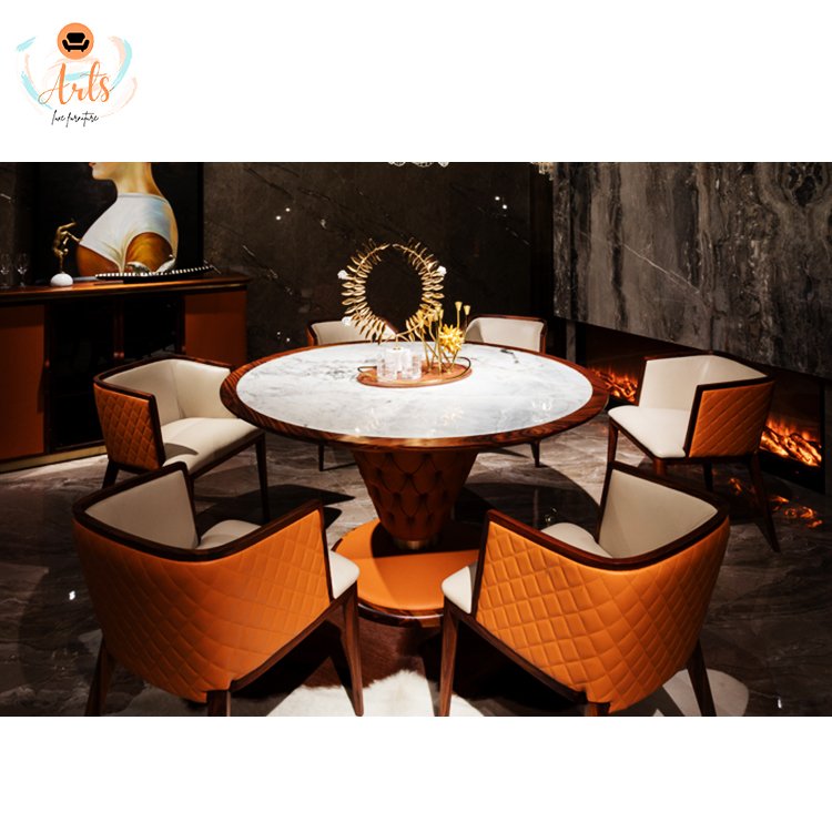 Unique designed Italian modern dining room furniture luxury designed nature marble Italy genuine leather round dining tables