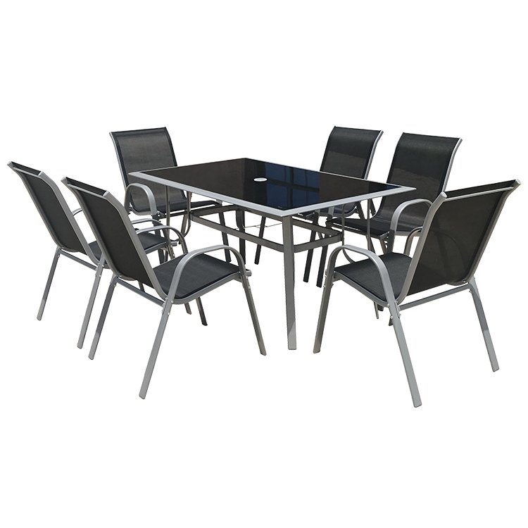 Hotel Garden with 8 folding steel outdoor furniture sets terrace tables and chairs with umbrella sets dining table set