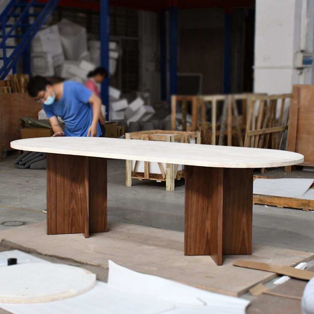 OEM ODM Nordic modern marble table living room furniture travertine with solid wood dining table