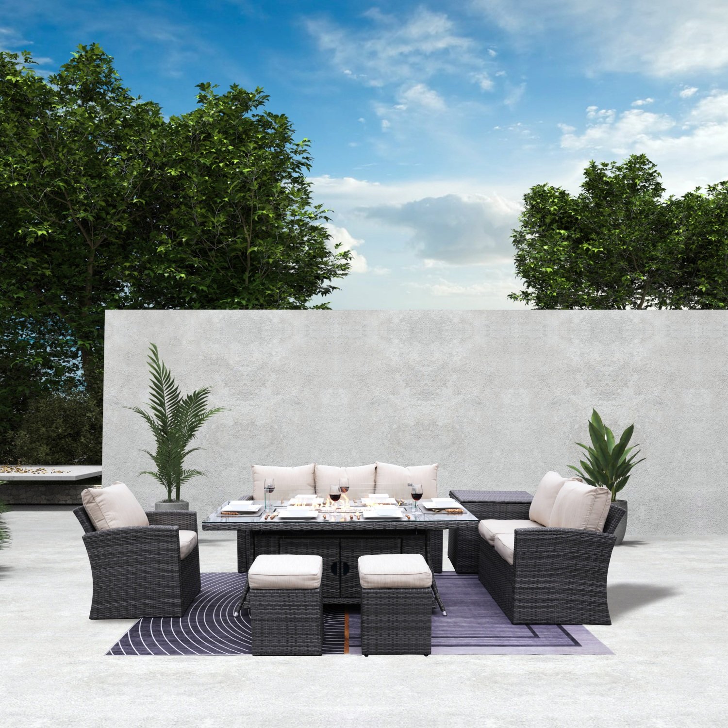 Outdoor 8 Seat Patio Garden Gas Fire Pit Rectangle rattan garden furniture Wicker Dining Table Sofa Set