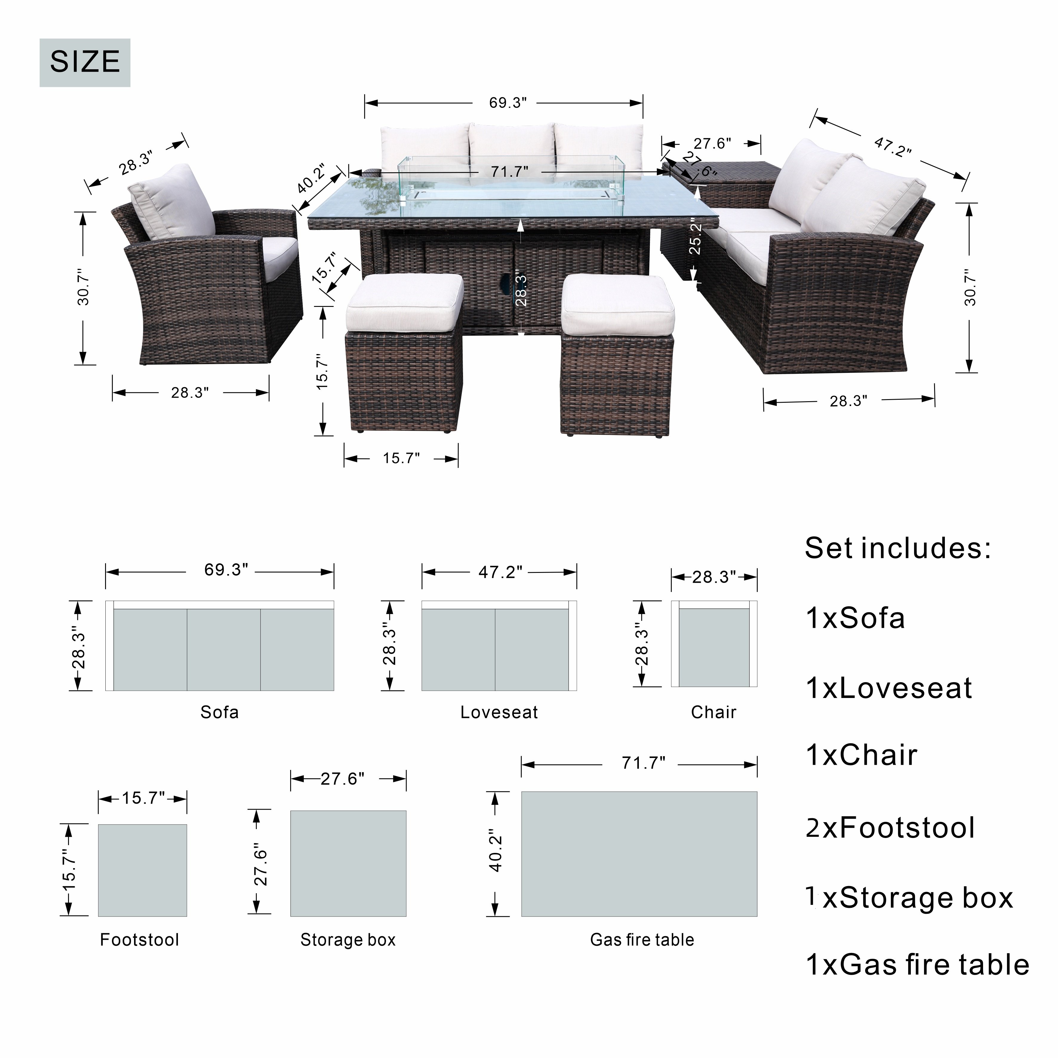 Outdoor 8 Seat Patio Garden Gas Fire Pit Rectangle rattan garden furniture Wicker Dining Table Sofa Set