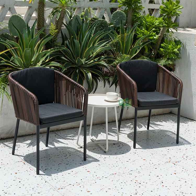 (E7097) Aluminum frame outdoor rattan rope woven dining chair with seat cushion